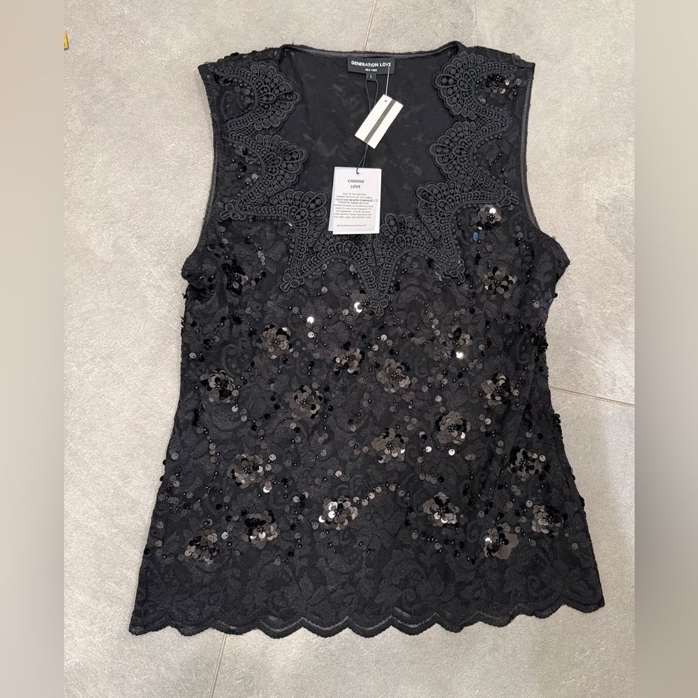 NEW GENERATION LOVE gemma sequin lace tank top black size large $215 NWT - Picture 4 of 12